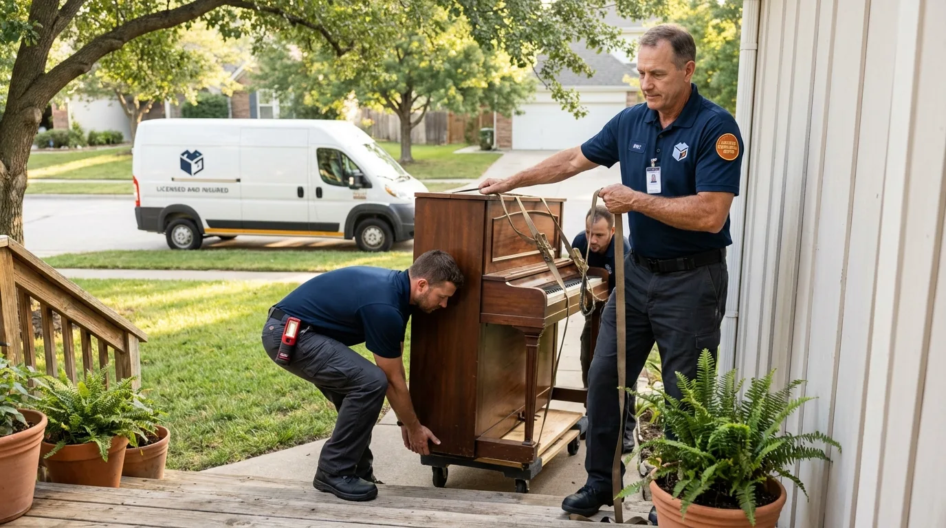 Licensed piano movers securing grand piano in Prairie Village, KS