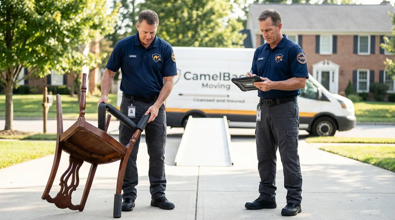 Movers inspecting furniture for damage prevention before loading in Prairie Village, KS