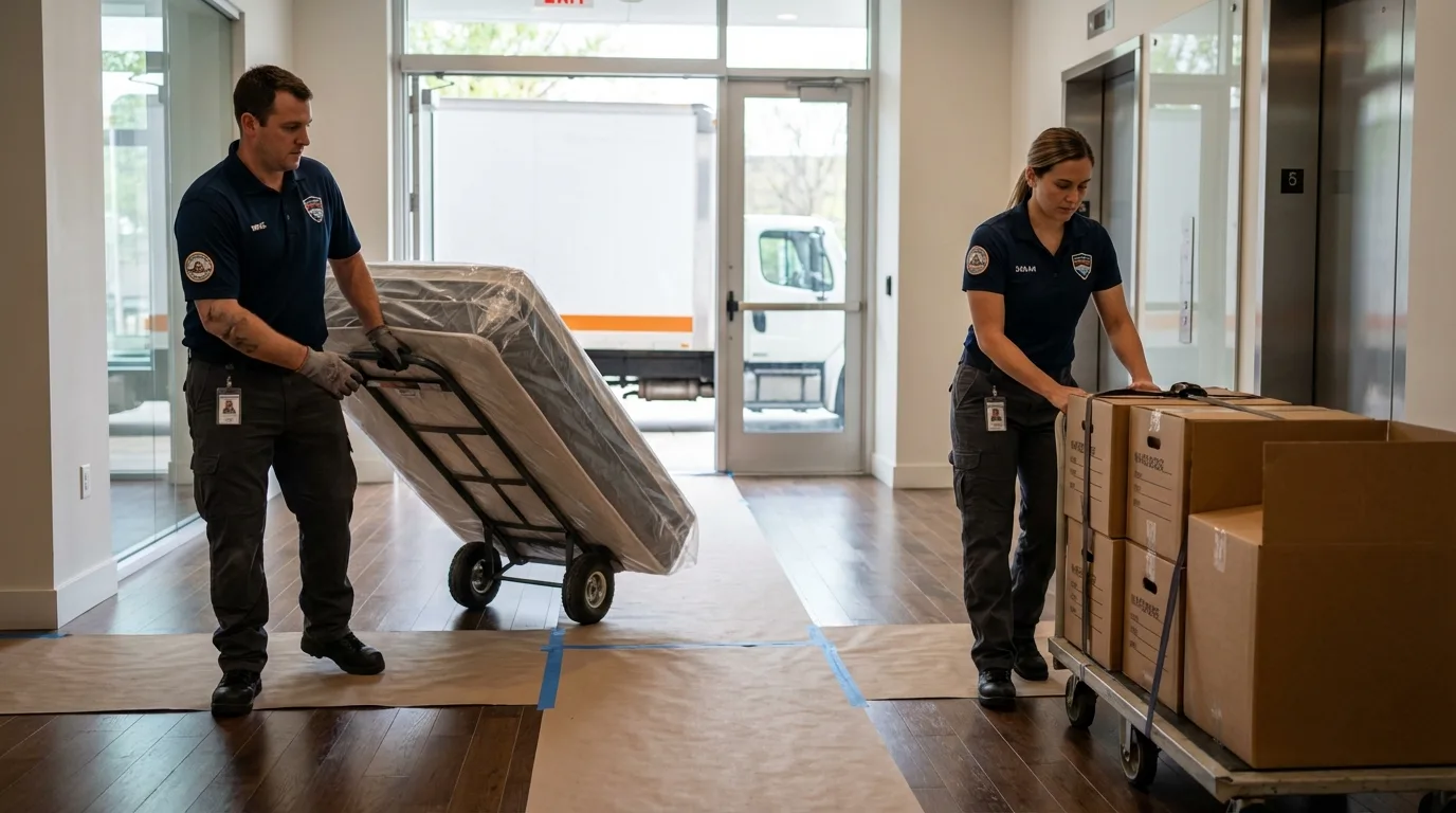 Professional apartment movers loading elevator in Prairie Village, KS