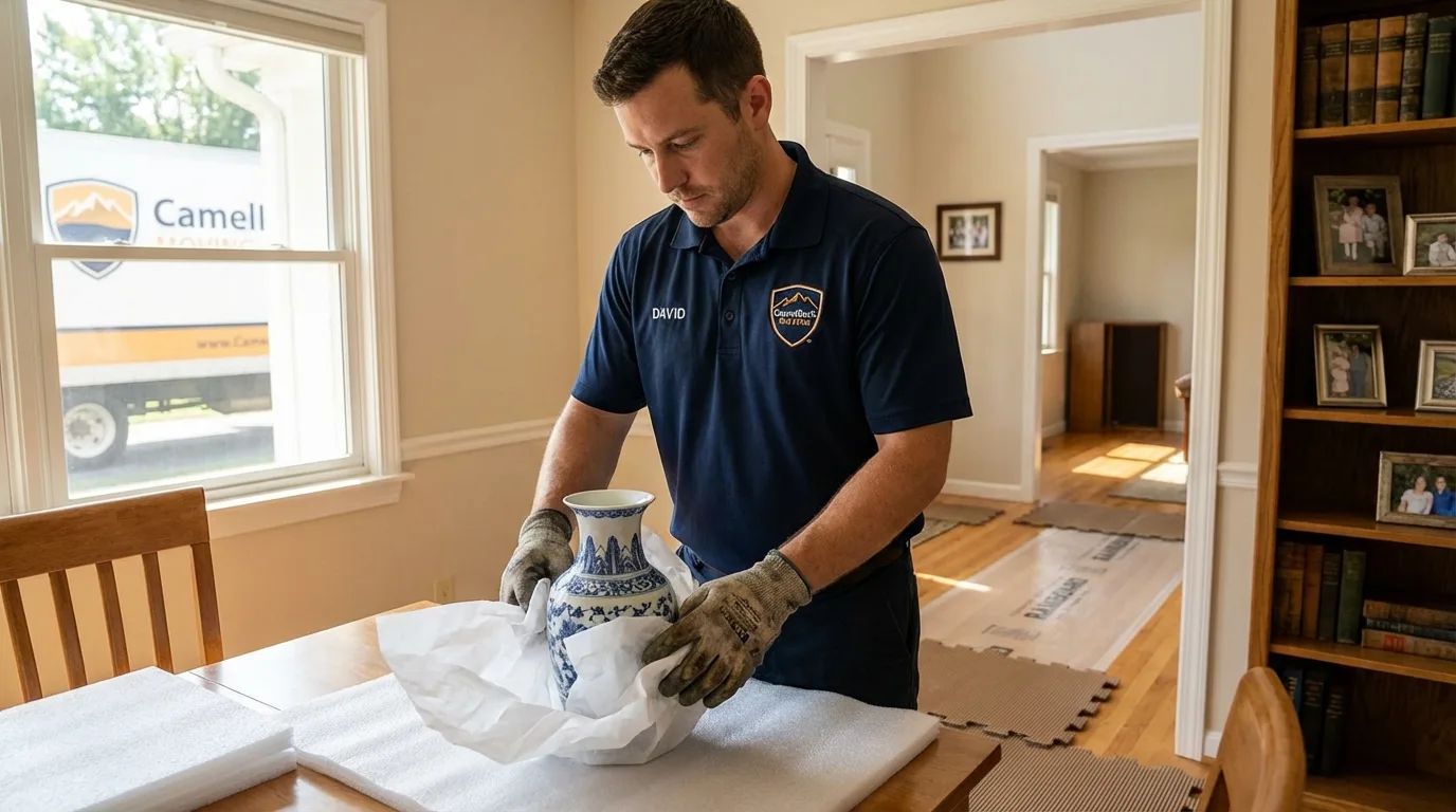Professional crew carefully wrapping antique vase for senior downsizing move in Prairie Village, KS